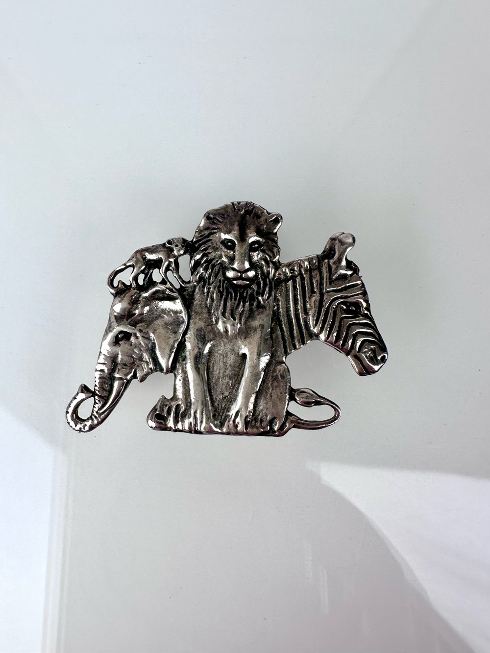 EFS Mexico 925 Sterling Silver Safari Zoo Brooch Lion Zebra Elephant